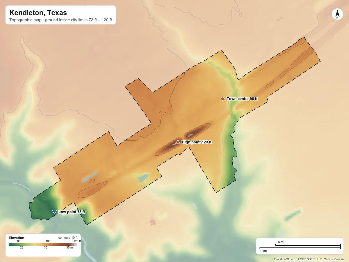 Topographic elevation map of Kendleton, Texas, shaded from 73 ft on the southwest side to 120 ft on the southwest side