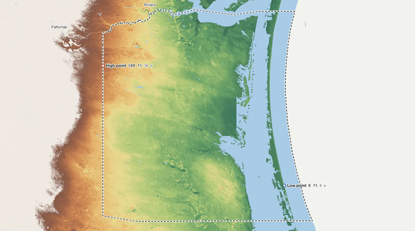 Topographic elevation map of Kenedy County, Texas, shaded from sea level on the Gulf of America to 100 ft on the northwest side
