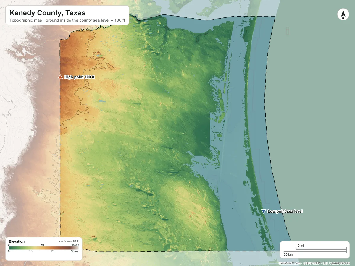 Topographic elevation map of Kenedy County, Texas, shaded from sea level on the Gulf of America to 100 ft on the northwest side