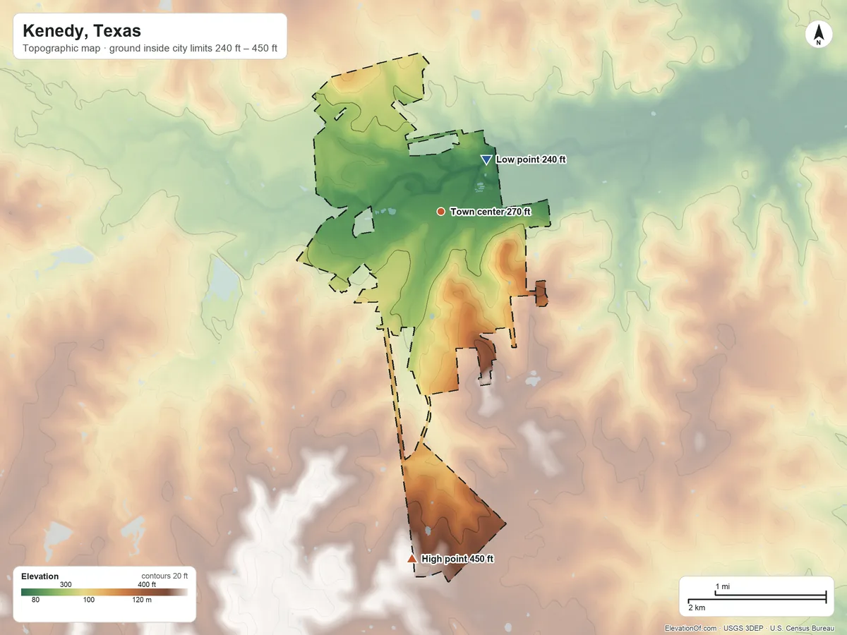Topographic elevation map of Kenedy, Texas, shaded from 240 ft on the northeast side to 450 ft on the south side