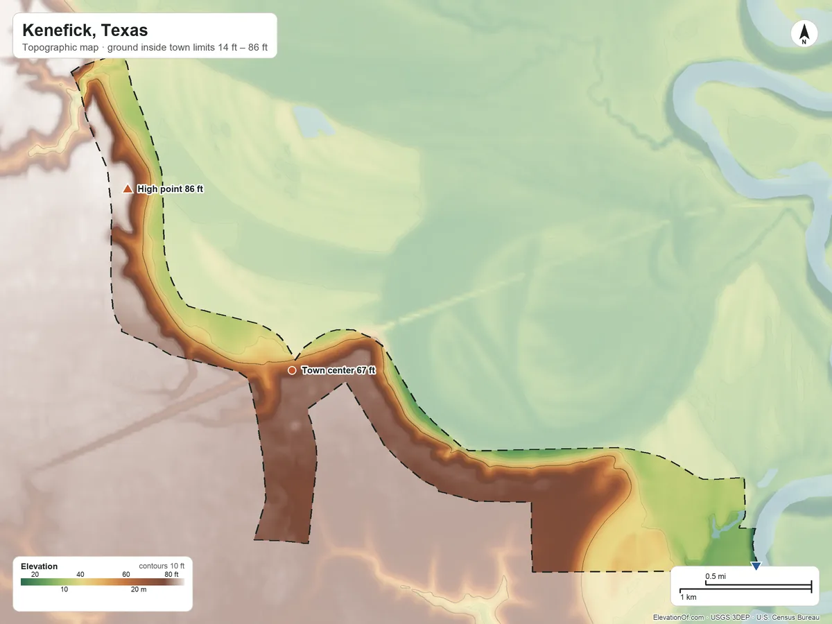 Topographic elevation map of Kenefick, Texas, shaded from 14 ft on the southeast side to 86 ft on the northwest side
