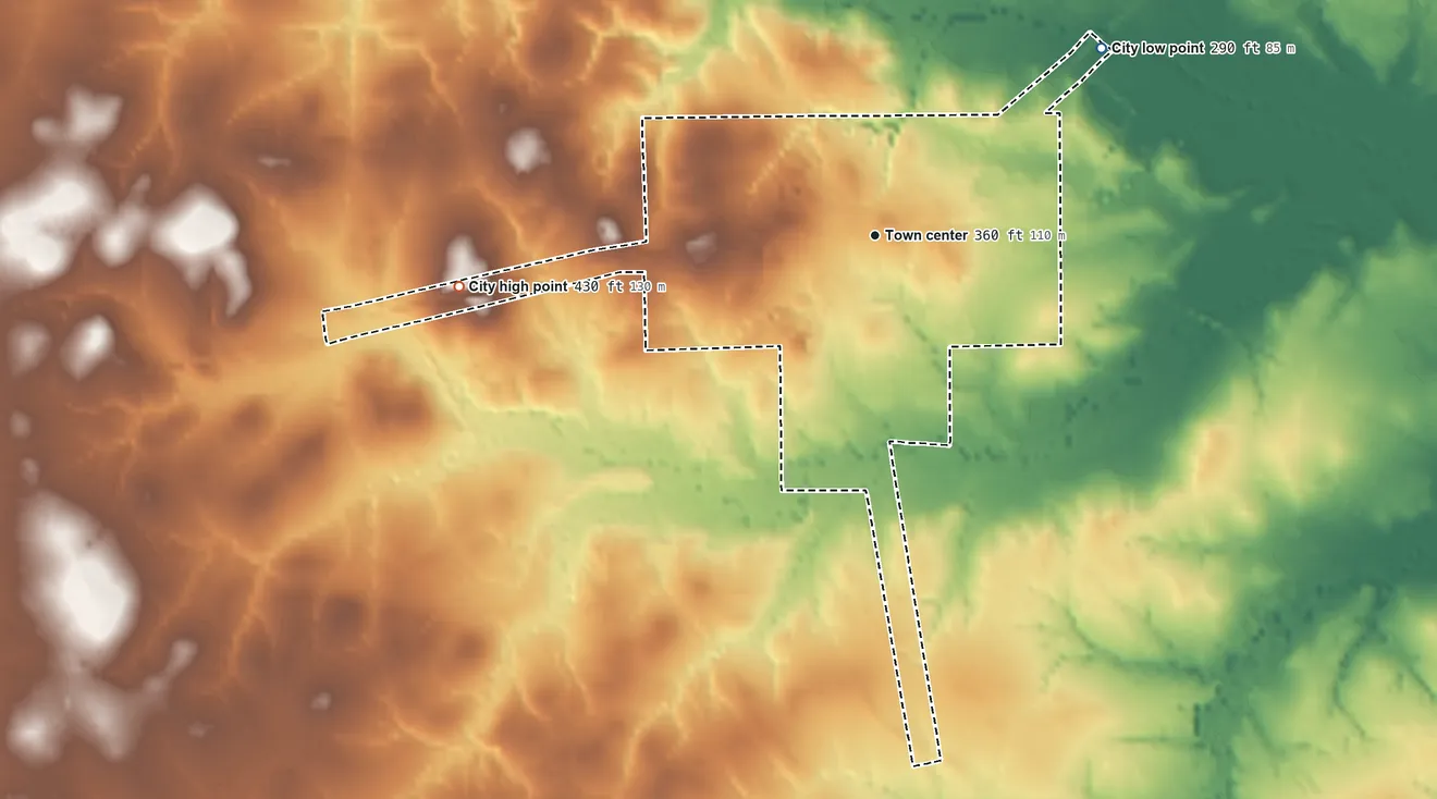 Topographic elevation map of Kennard, Texas, shaded from 290 ft on the northeast side to 430 ft on the west side