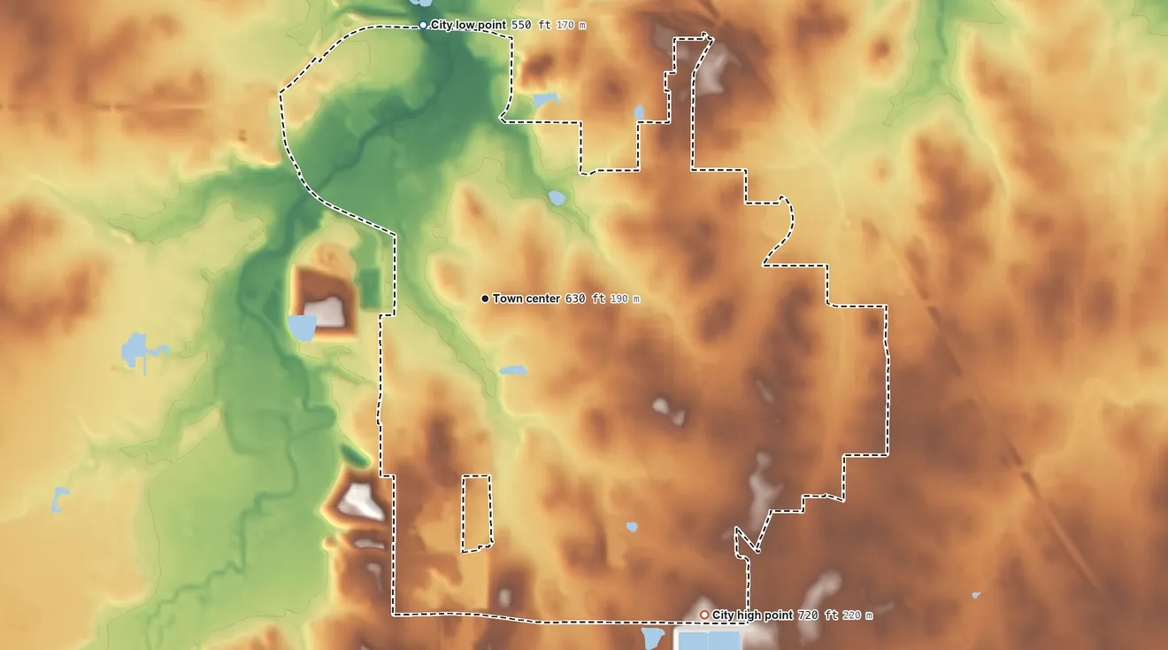 Topographic elevation map of Kennedale, Texas, shaded from 550 ft on the north side to 720 ft on the southeast side