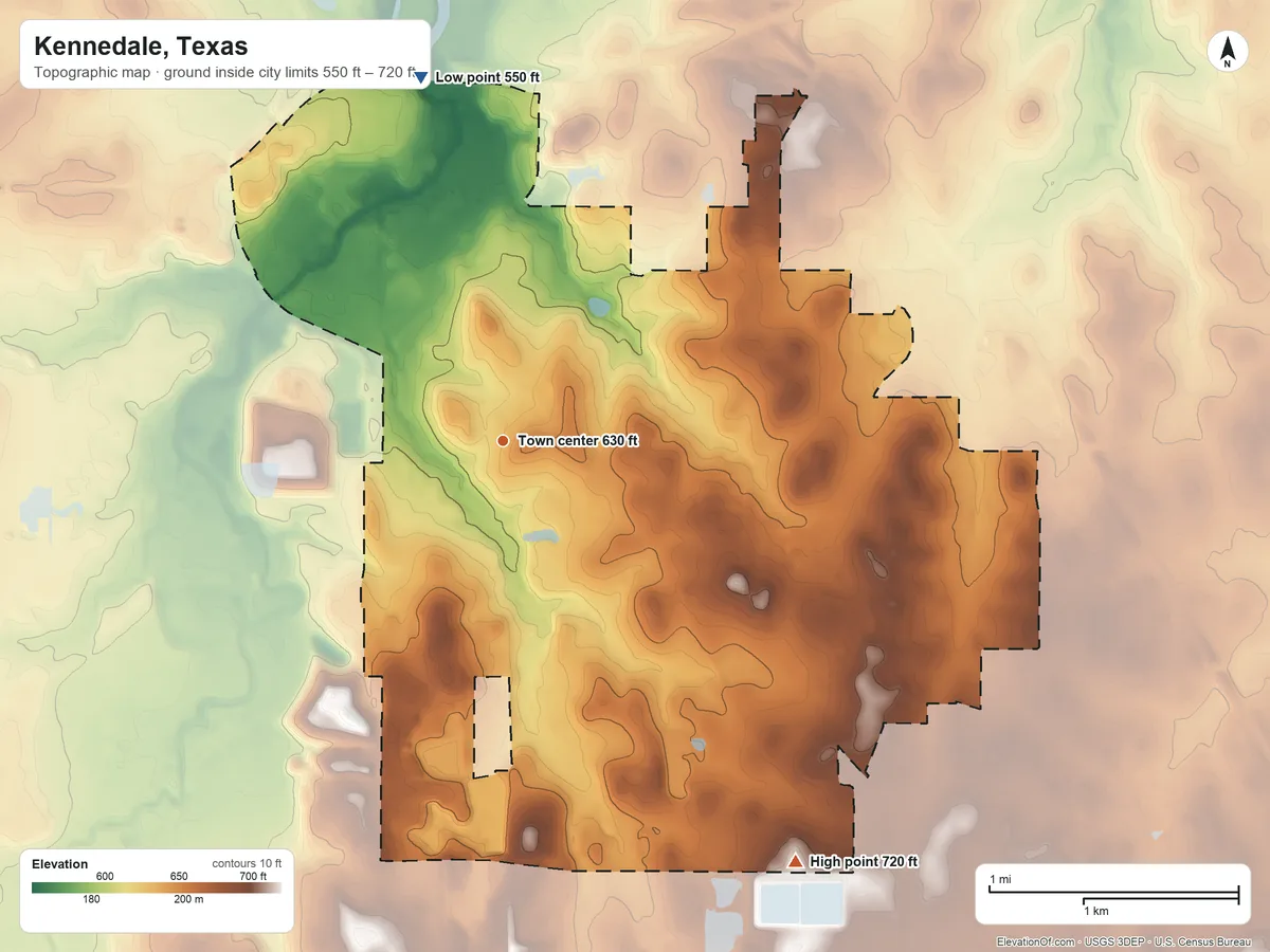 Topographic elevation map of Kennedale, Texas, shaded from 550 ft on the north side to 720 ft on the southeast side