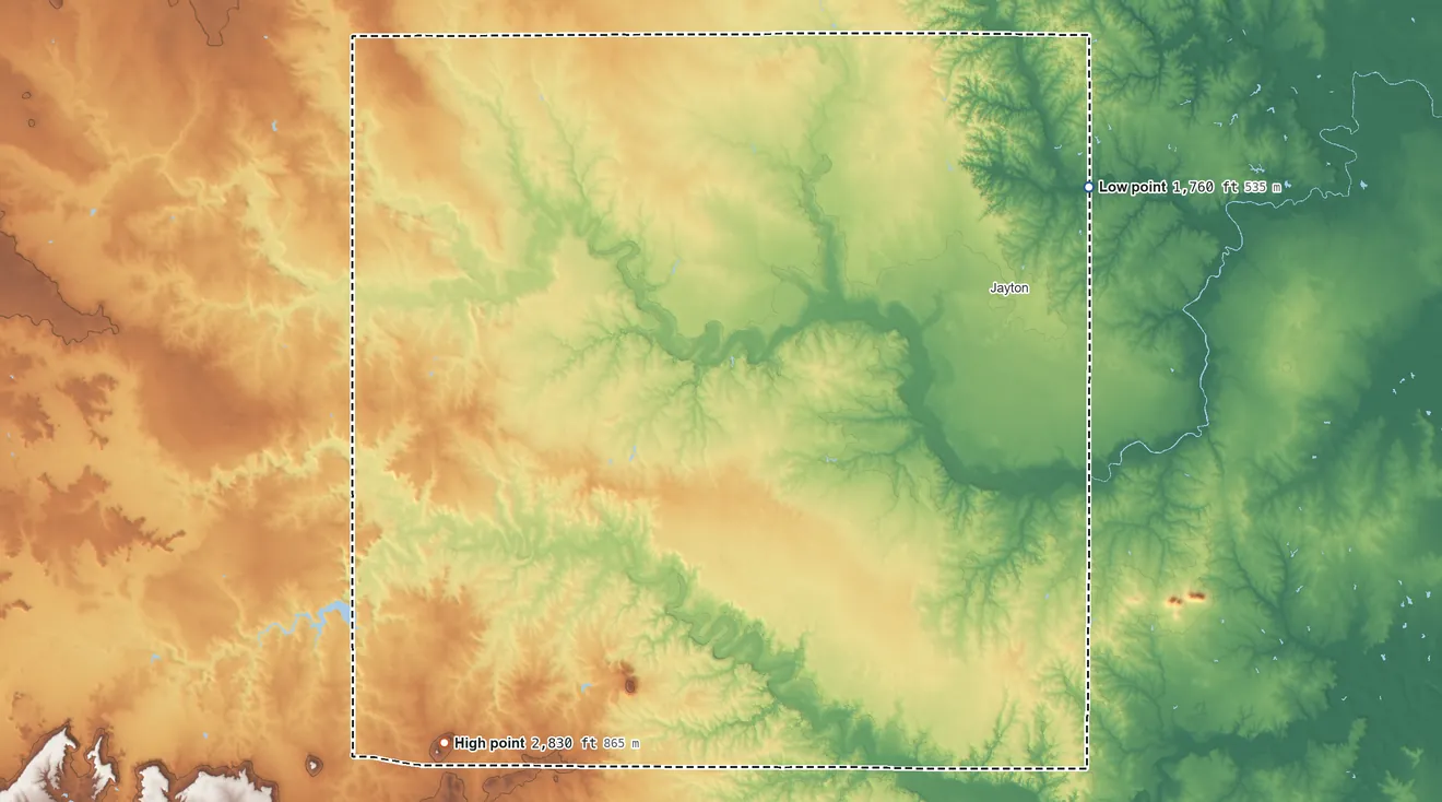 Topographic elevation map of Kent County, Texas, shaded from 1,760 ft on the northeast side to 2,830 ft on McKenzie Mountains