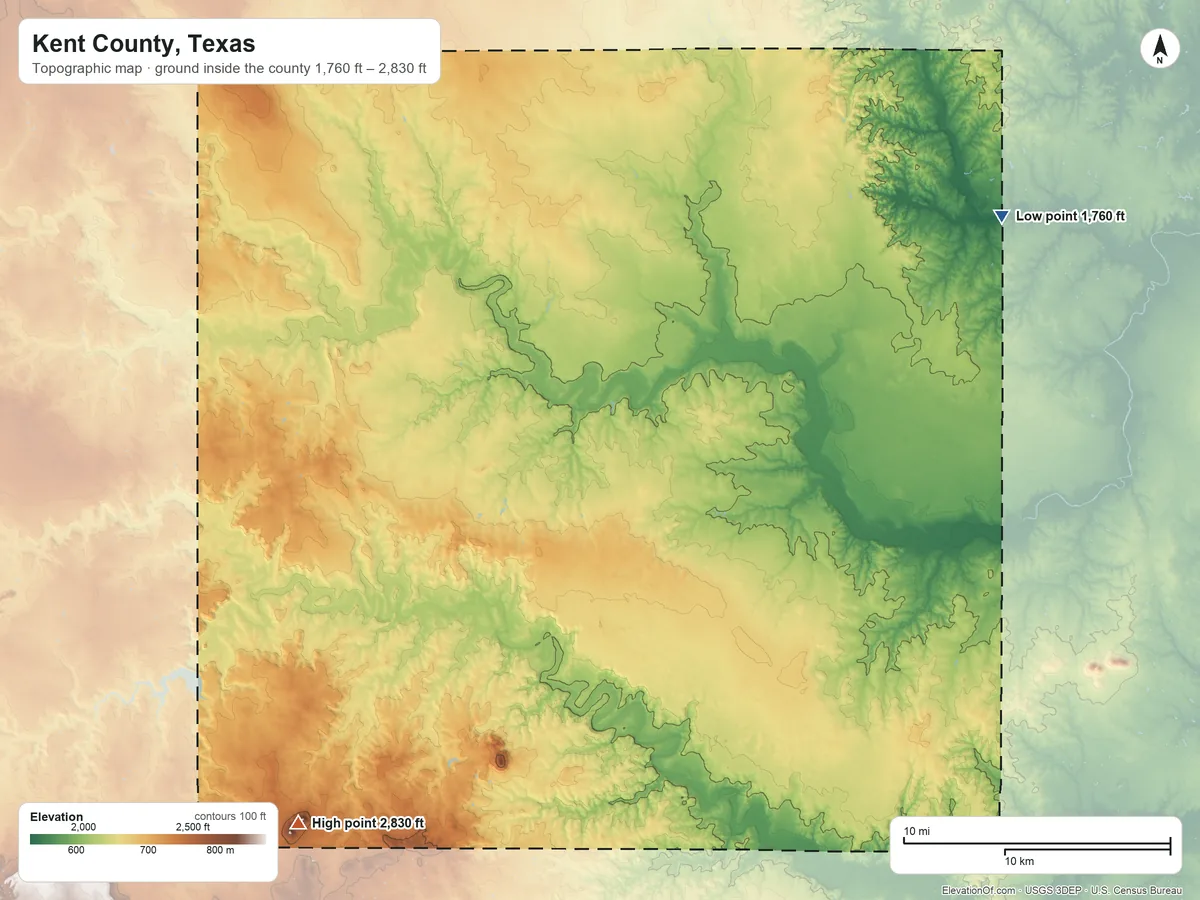 Topographic elevation map of Kent County, Texas, shaded from 1,760 ft on the northeast side to 2,830 ft on McKenzie Mountains