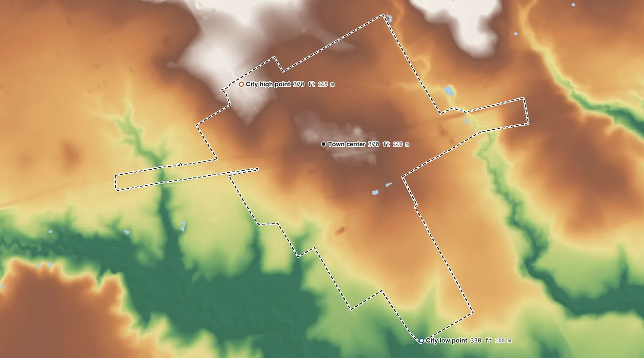 Topographic elevation map of Kerens, Texas, shaded from 330 ft on the southeast side to 370 ft on the northwest side