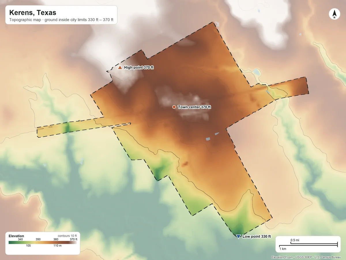 Topographic elevation map of Kerens, Texas, shaded from 330 ft on the southeast side to 370 ft on the northwest side
