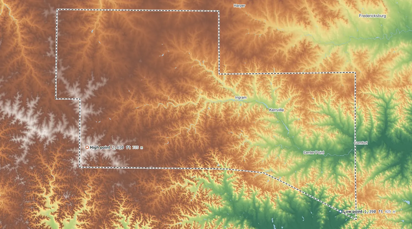 Topographic elevation map of Kerr County, Texas, shaded from 1,390 ft on the southeast side to 2,410 ft on the west side