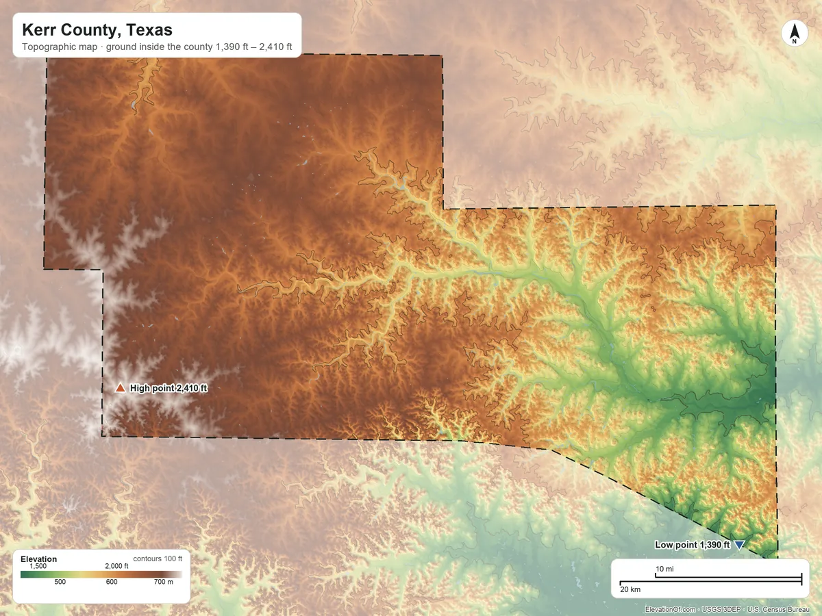 Topographic elevation map of Kerr County, Texas, shaded from 1,390 ft on the southeast side to 2,410 ft on the west side