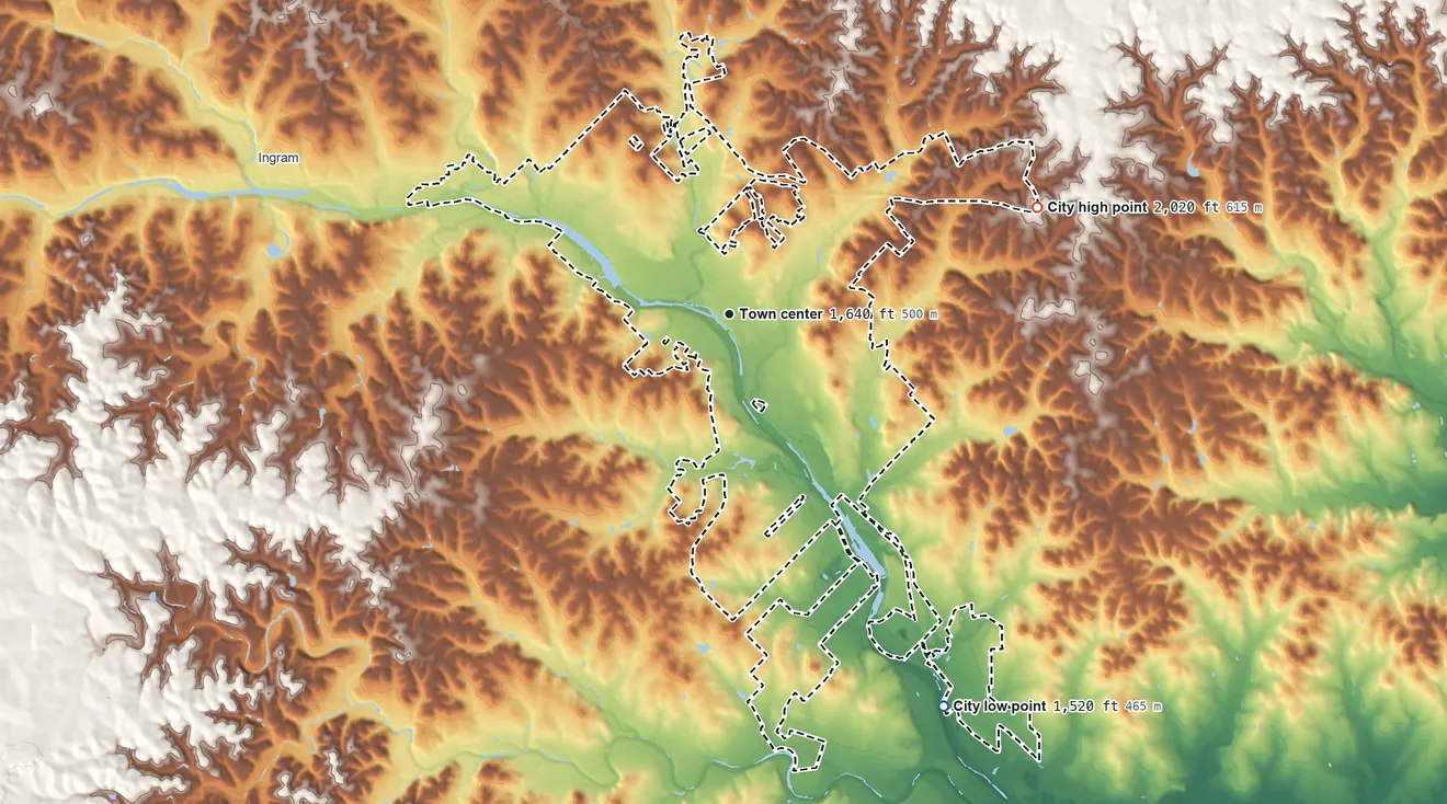 Topographic elevation map of Kerrville, Texas, shaded from 1,520 ft on the southeast side to 2,020 ft on the east side