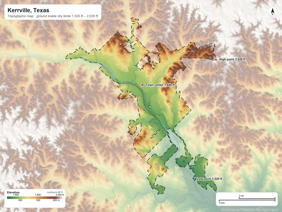 Topographic elevation map of Kerrville, Texas, shaded from 1,520 ft on the southeast side to 2,020 ft on the east side