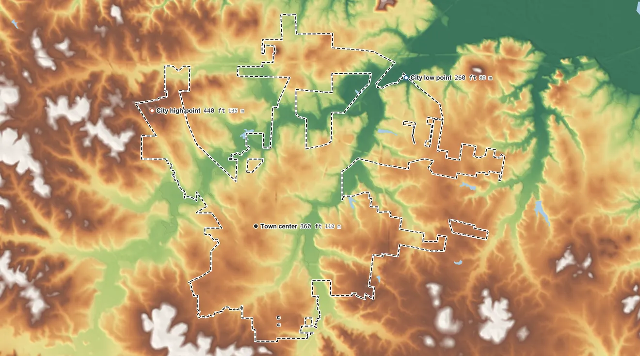 Topographic elevation map of Kilgore, Texas, shaded from 260 ft on the northeast side to 440 ft on the northwest side