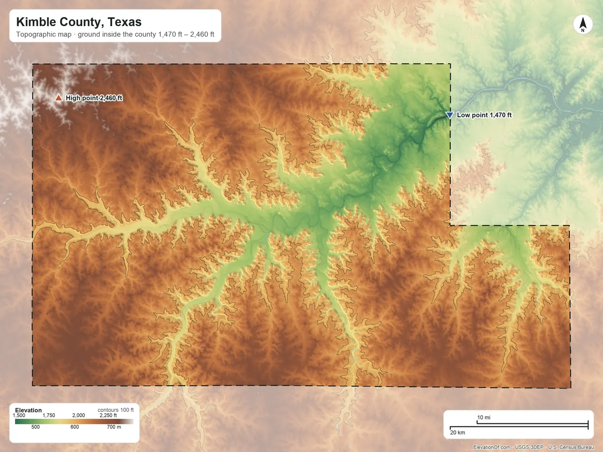 Topographic elevation map of Kimble County, Texas, shaded from 1,470 ft on the northeast side to 2,460 ft on the northwest side
