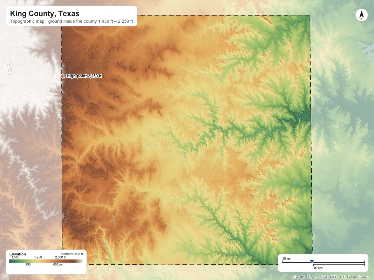 Topographic elevation map of King County, Texas, shaded from 1,430 ft on the southeast side to 2,250 ft on the northwest side