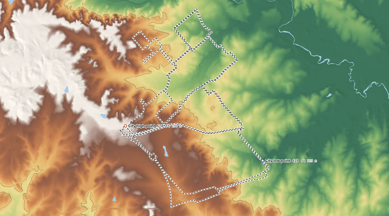 Topographic elevation map of Kingsbury, Texas, shaded from 410 ft on the east side to 620 ft on the west side