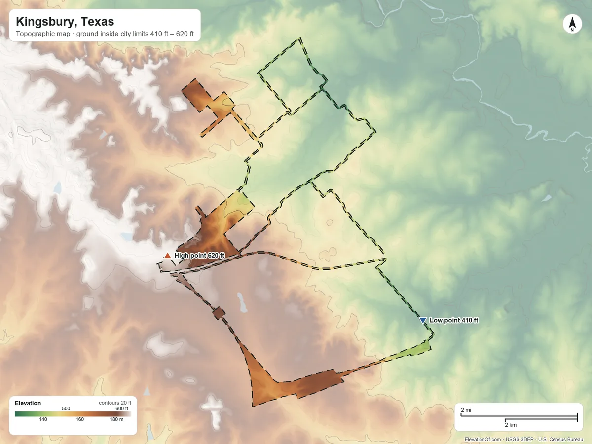 Topographic elevation map of Kingsbury, Texas, shaded from 410 ft on the east side to 620 ft on the west side