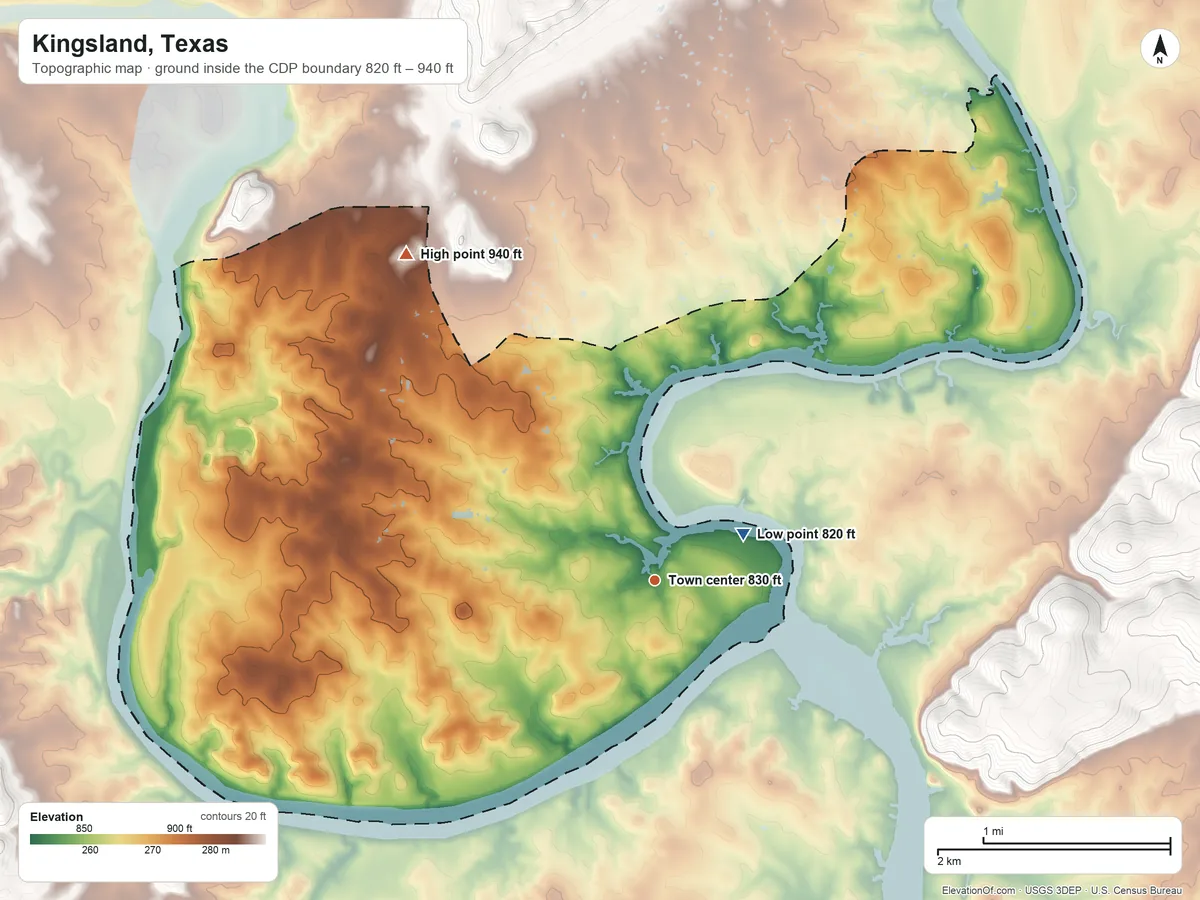 Topographic elevation map of Kingsland, Texas, shaded from 820 ft near the middle to 940 ft on the northwest edge, below higher ground just outside