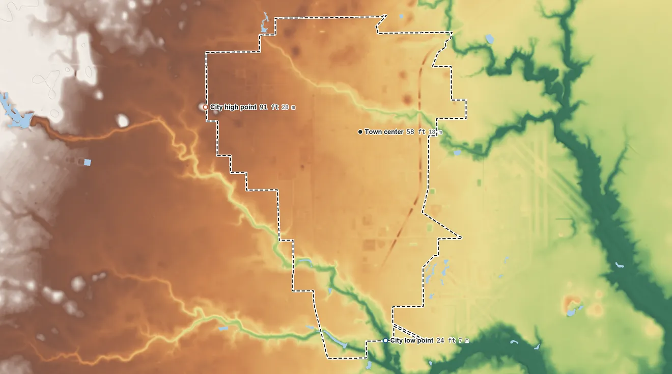 Topographic elevation map of Kingsville, Texas, shaded from 24 ft on the south side to 91 ft on the west side