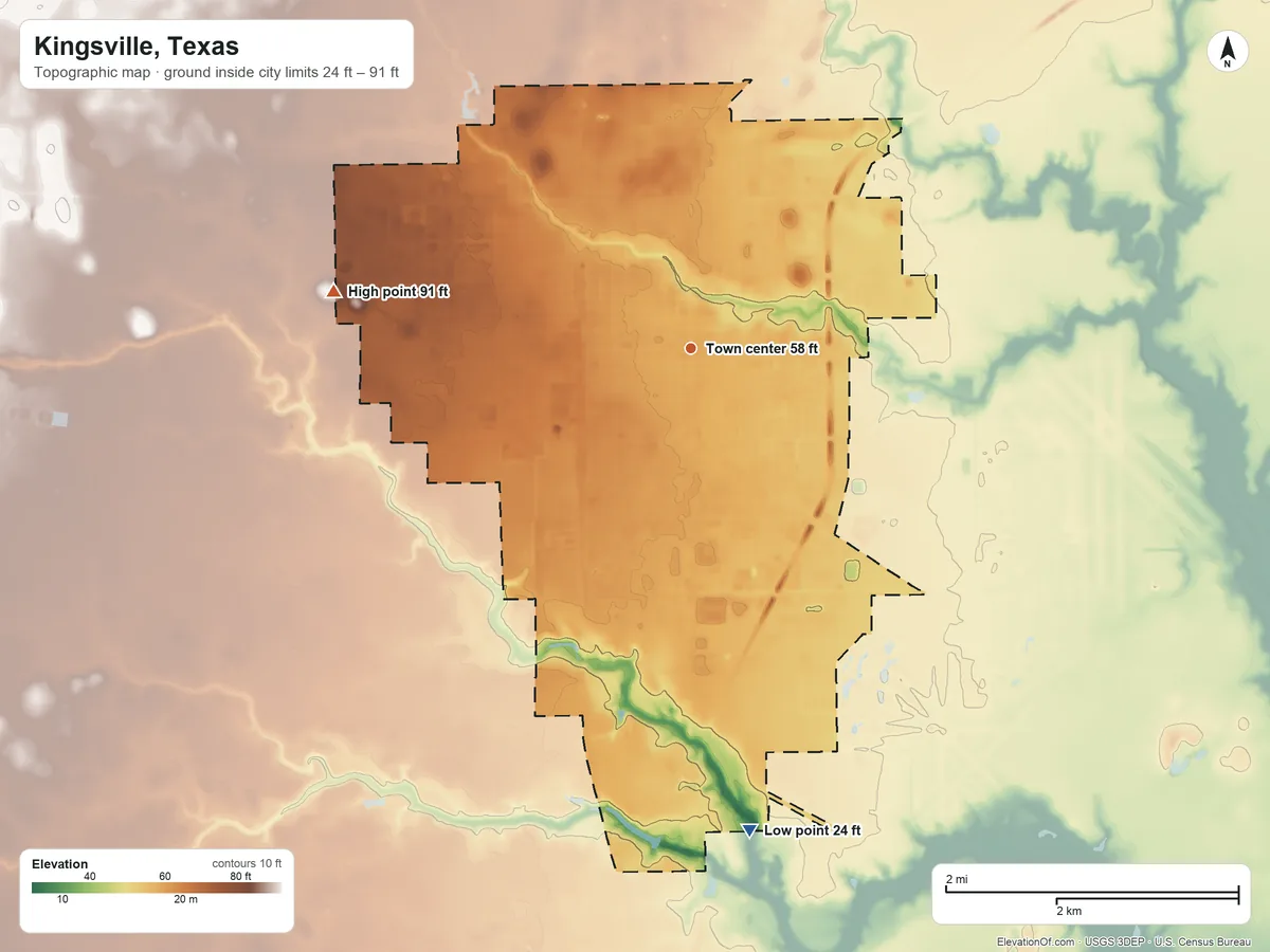 Topographic elevation map of Kingsville, Texas, shaded from 24 ft on the south side to 91 ft on the west side