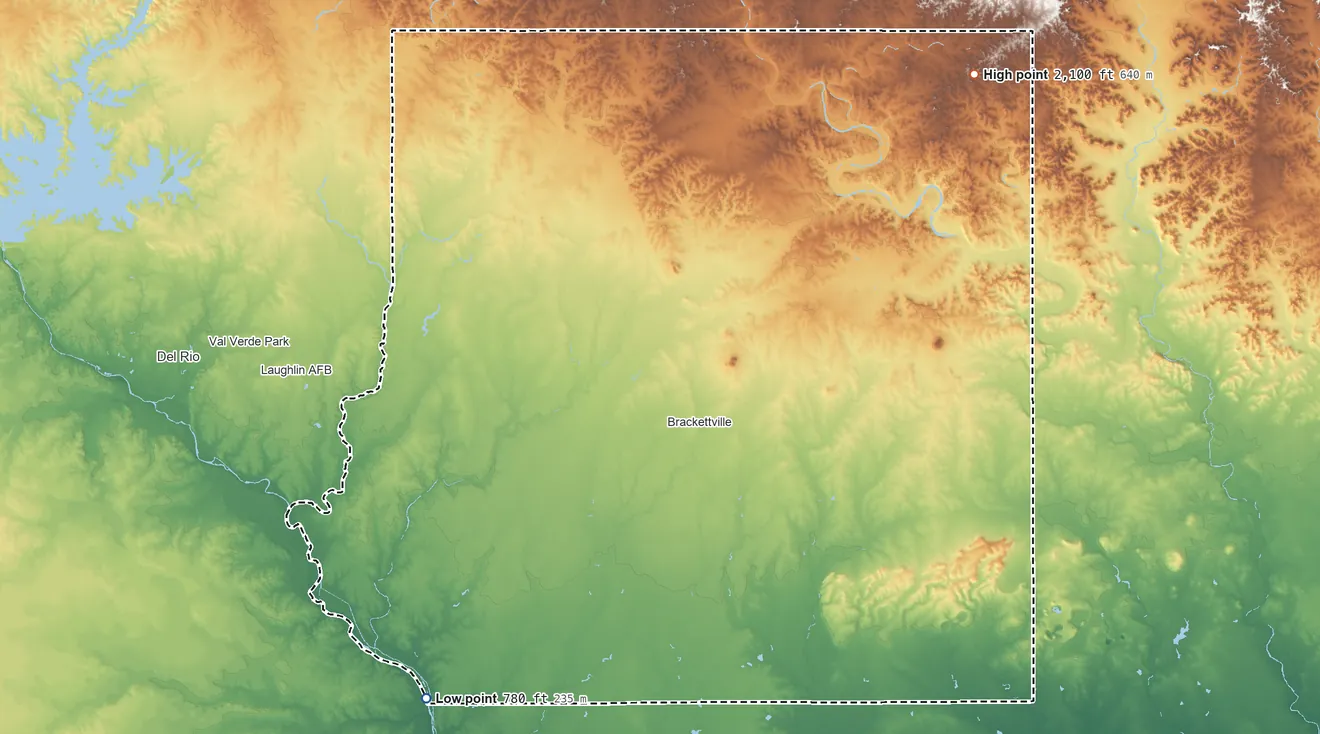 Topographic elevation map of Kinney County, Texas, shaded from 780 ft on the southwest side to 2,100 ft on the northeast side