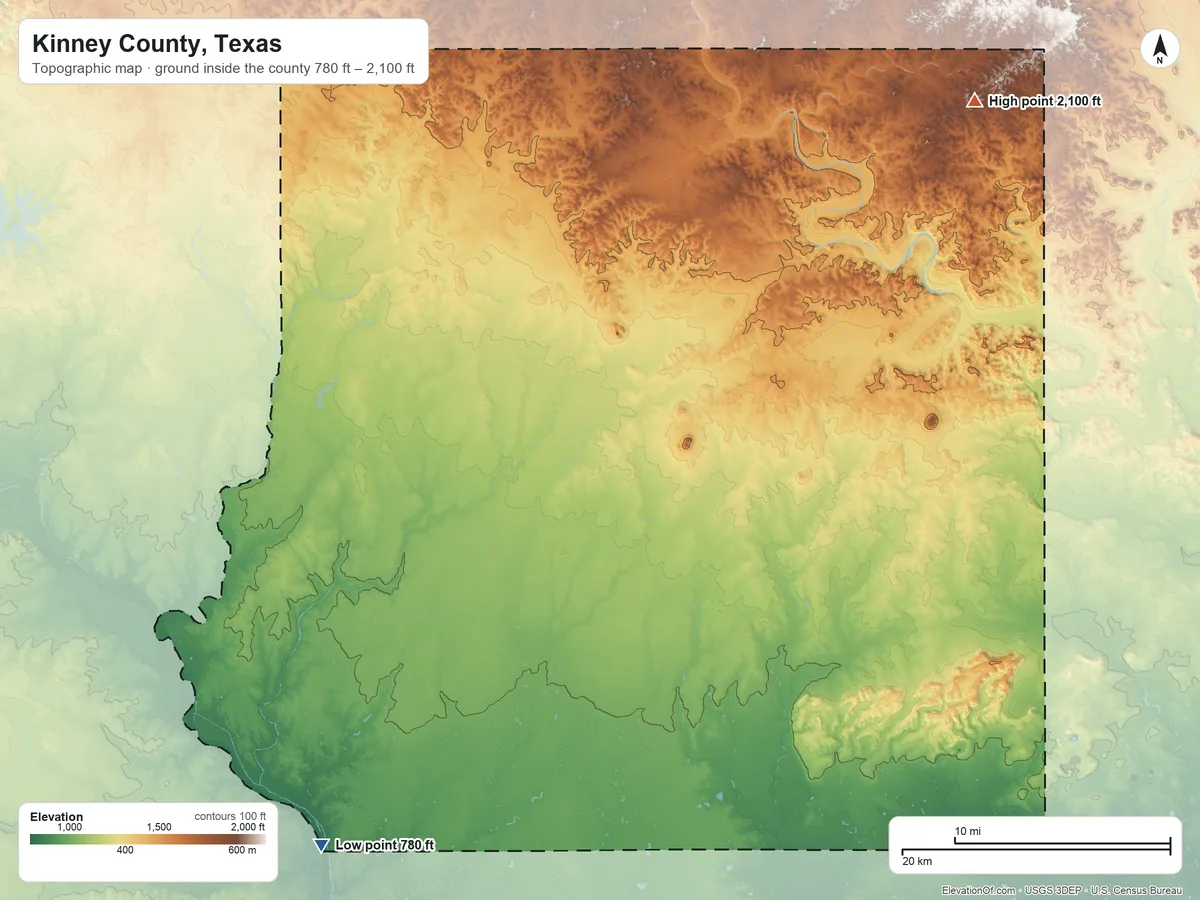 Topographic elevation map of Kinney County, Texas, shaded from 780 ft on the southwest side to 2,100 ft on the northeast side