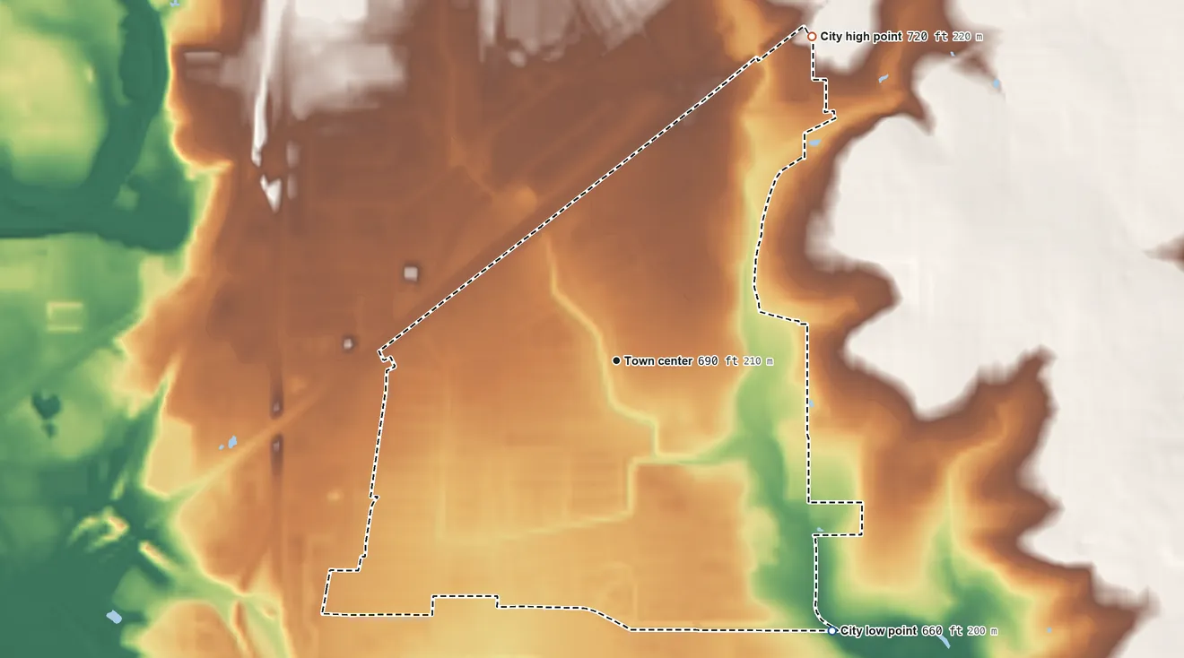Topographic elevation map of Kirby, Texas, shaded from 660 ft on the southeast side to 720 ft on the northeast side