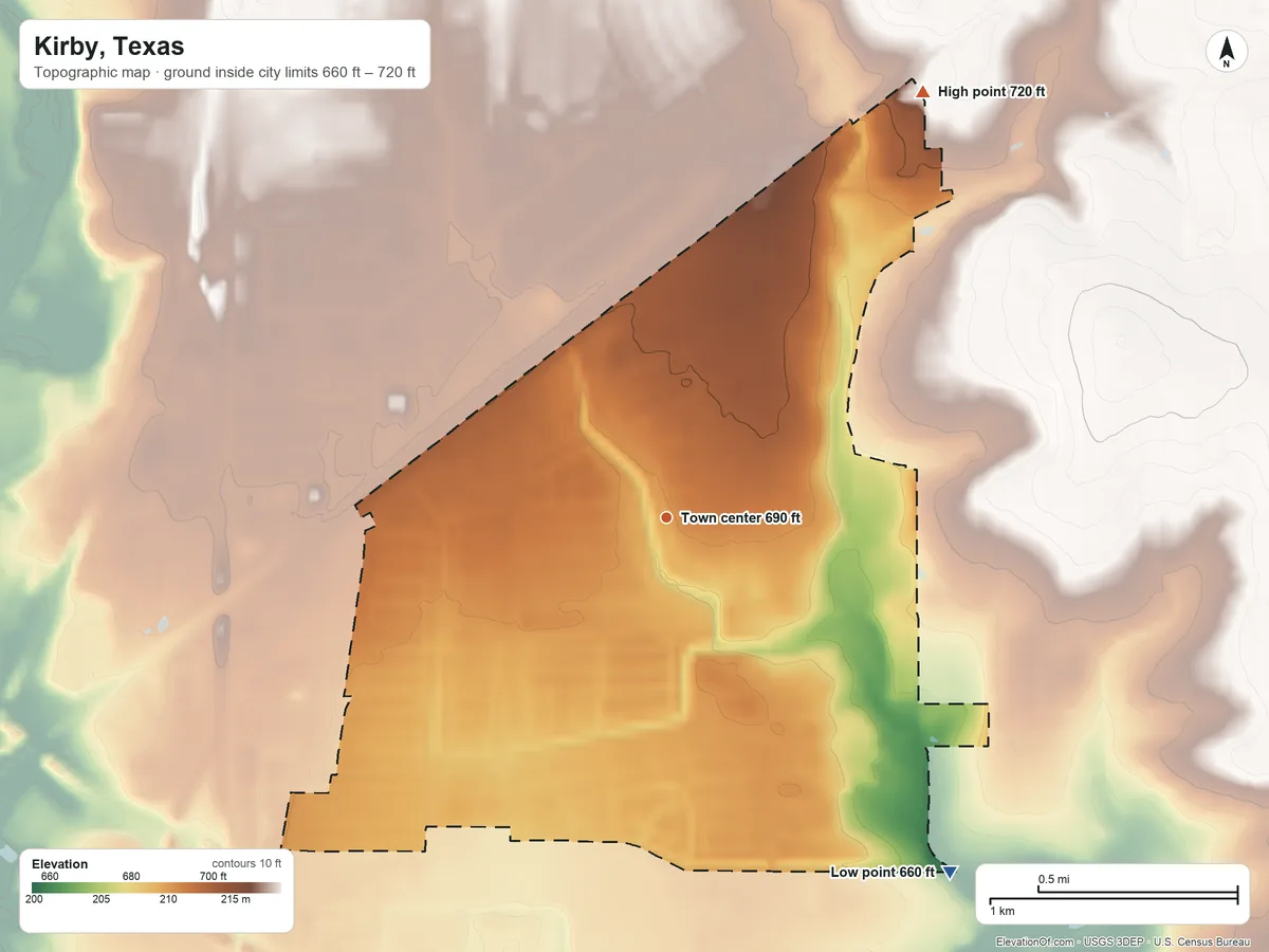 Topographic elevation map of Kirby, Texas, shaded from 660 ft on the southeast side to 720 ft on the northeast side