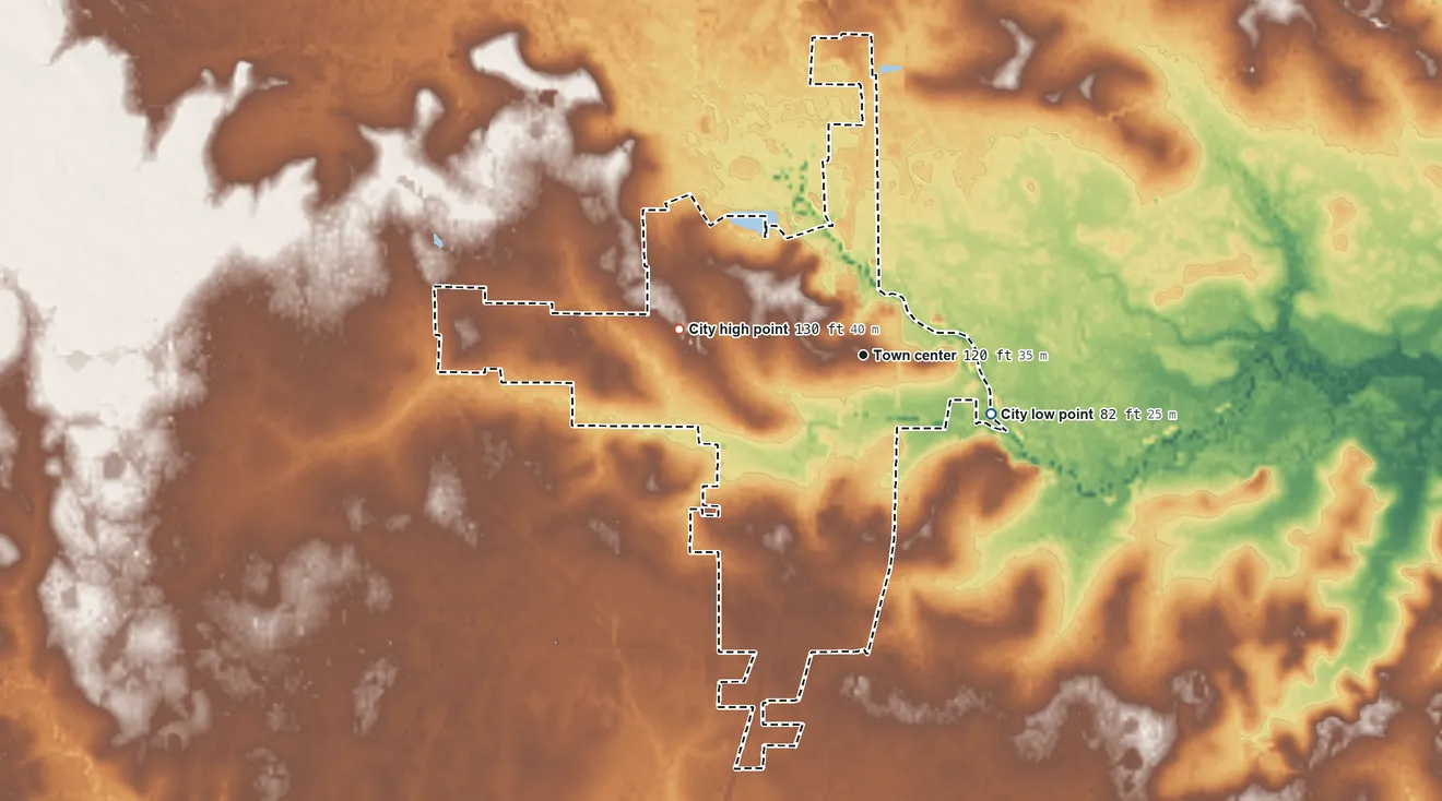 Topographic elevation map of Kirbyville, Texas, shaded from 82 ft on the southeast side to 130 ft on the west side
