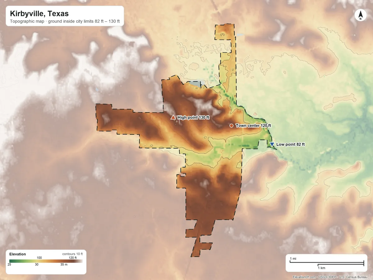 Topographic elevation map of Kirbyville, Texas, shaded from 82 ft on the southeast side to 130 ft on the west side