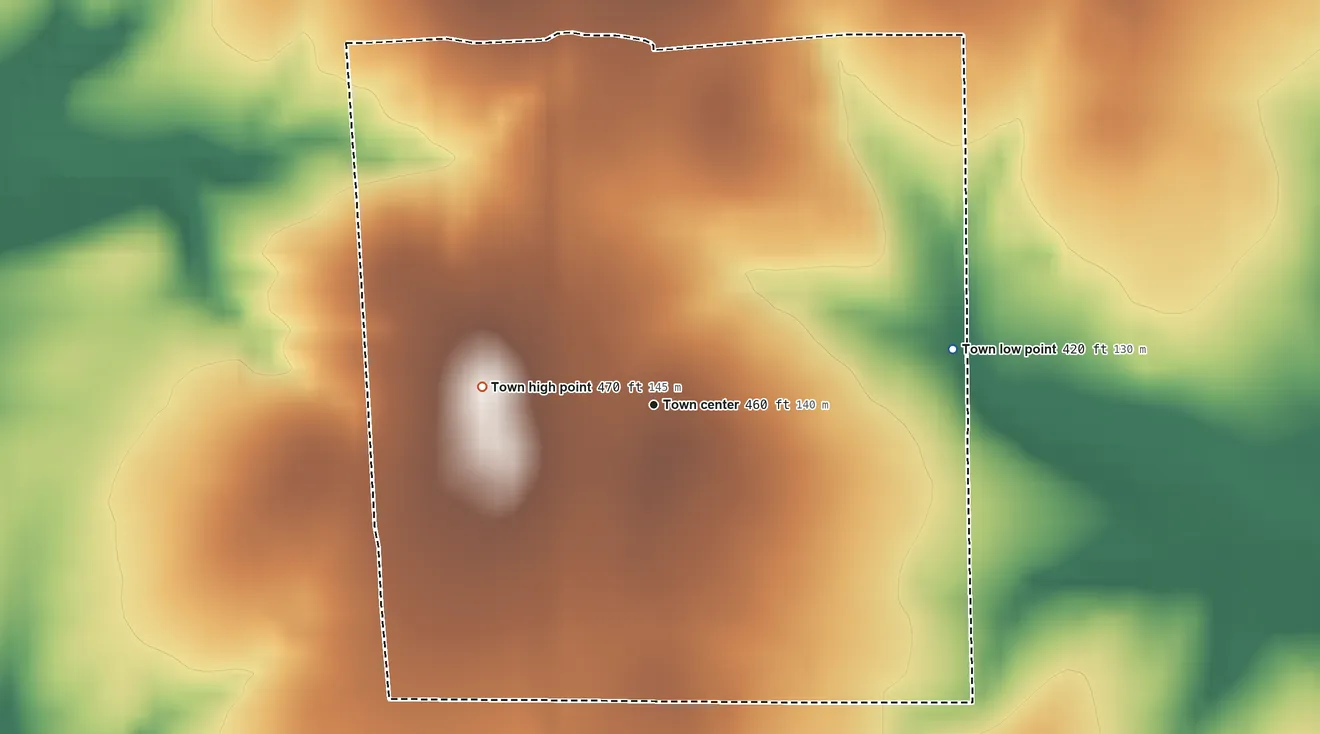 Topographic elevation map of Kirvin, Texas, shaded from 420 ft on the east side to 470 ft on the west side