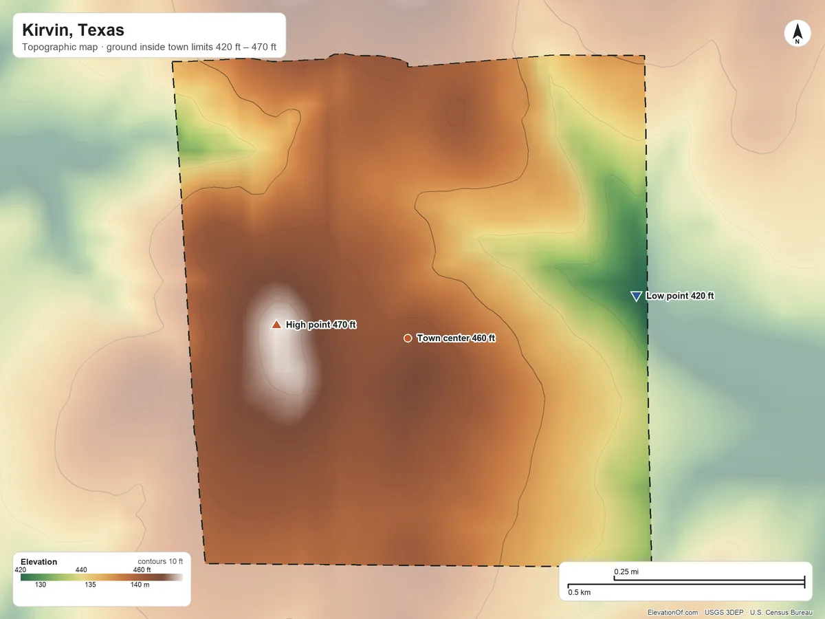 Topographic elevation map of Kirvin, Texas, shaded from 420 ft on the east side to 470 ft on the west side