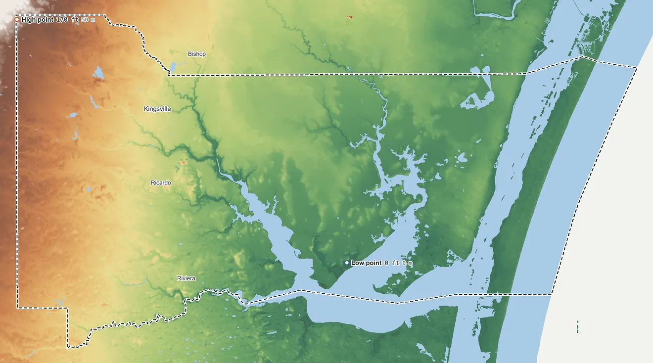 Topographic elevation map of Kleberg County, Texas, shaded from sea level on Alazan Bay to 170 ft on the northwest side
