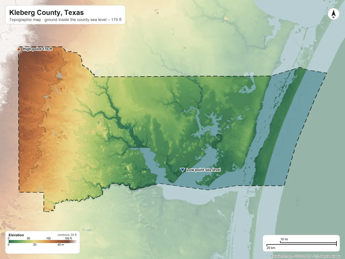 Topographic elevation map of Kleberg County, Texas, shaded from sea level on Alazan Bay to 170 ft on the northwest side