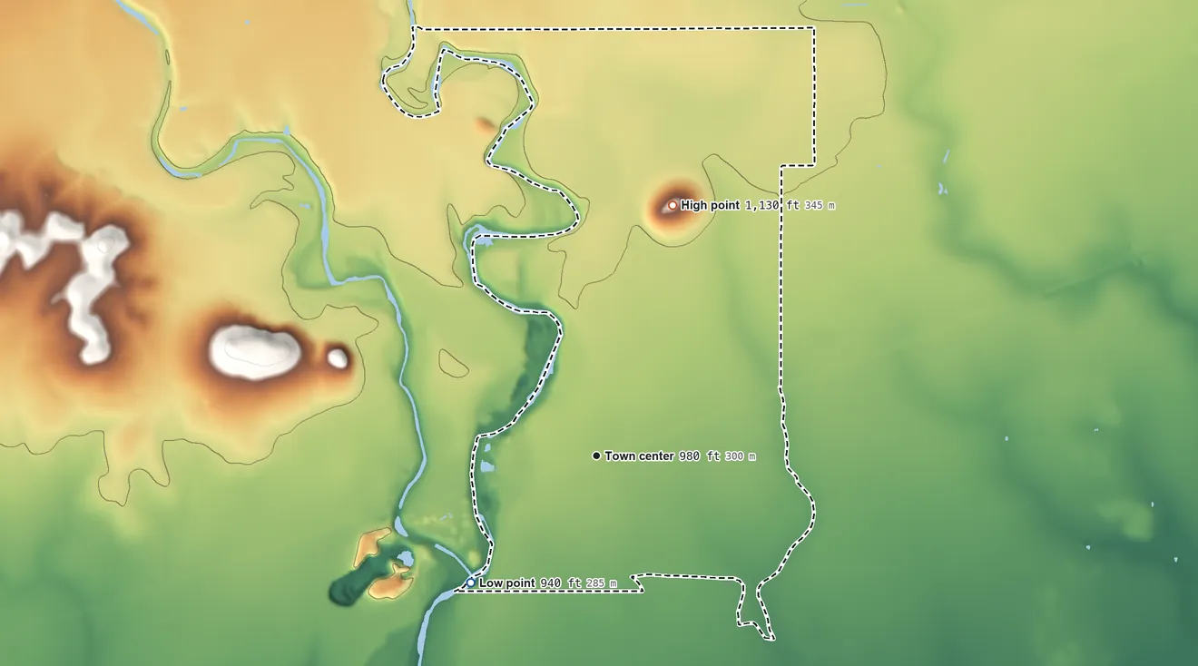 Topographic elevation map of Knippa, Texas, shaded from 940 ft on the southwest side to 1,130 ft on the north side