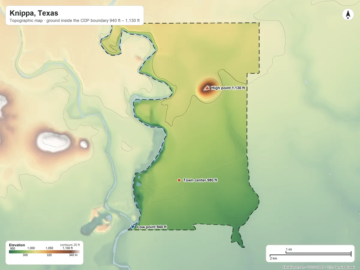 Topographic elevation map of Knippa, Texas, shaded from 940 ft on the southwest side to 1,130 ft on the north side