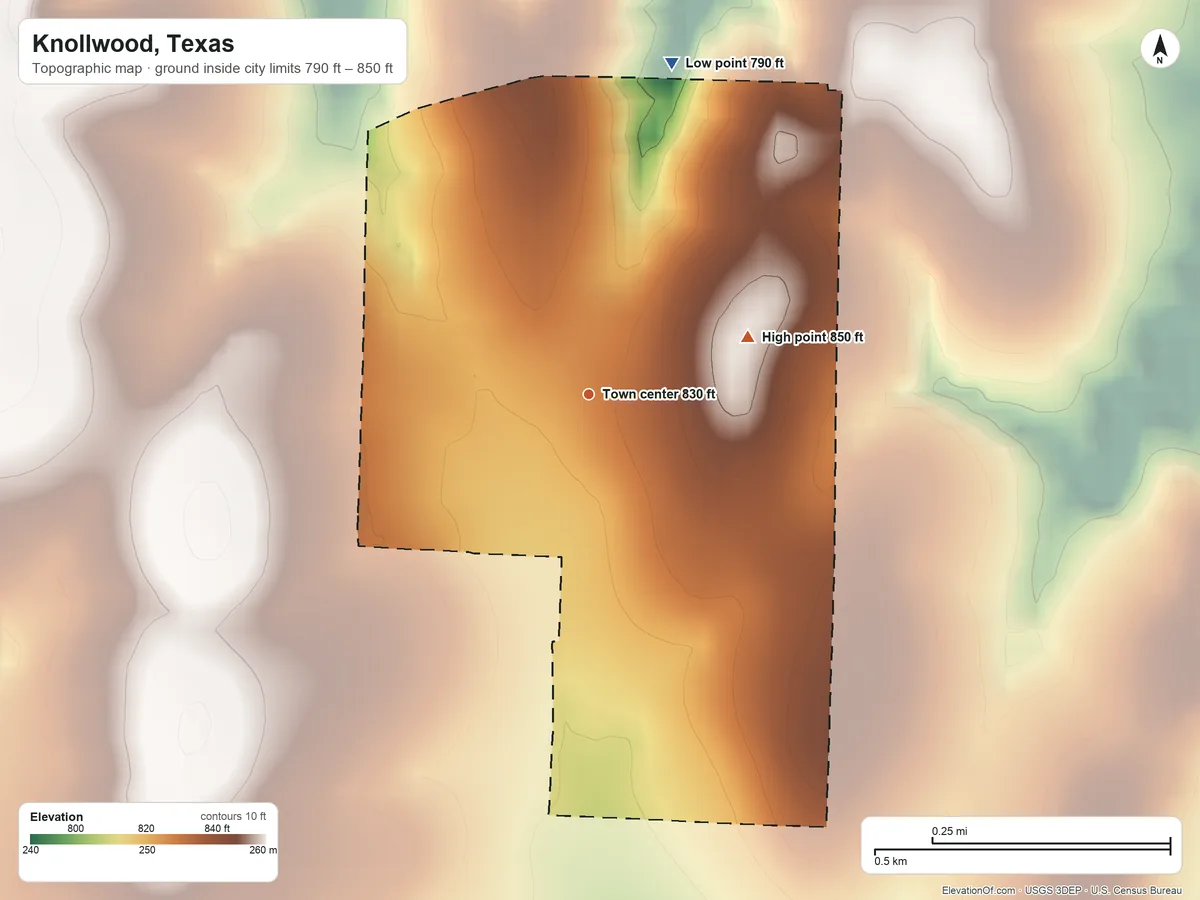 Topographic elevation map of Knollwood, Texas, shaded from 790 ft on the north side to 850 ft on the east side