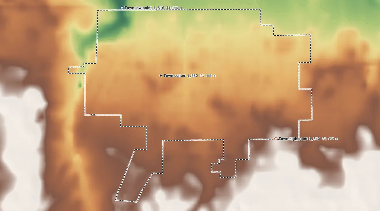Topographic elevation map of Knox City, Texas, shaded from 1,510 ft on the northwest side to 1,540 ft on the southeast side