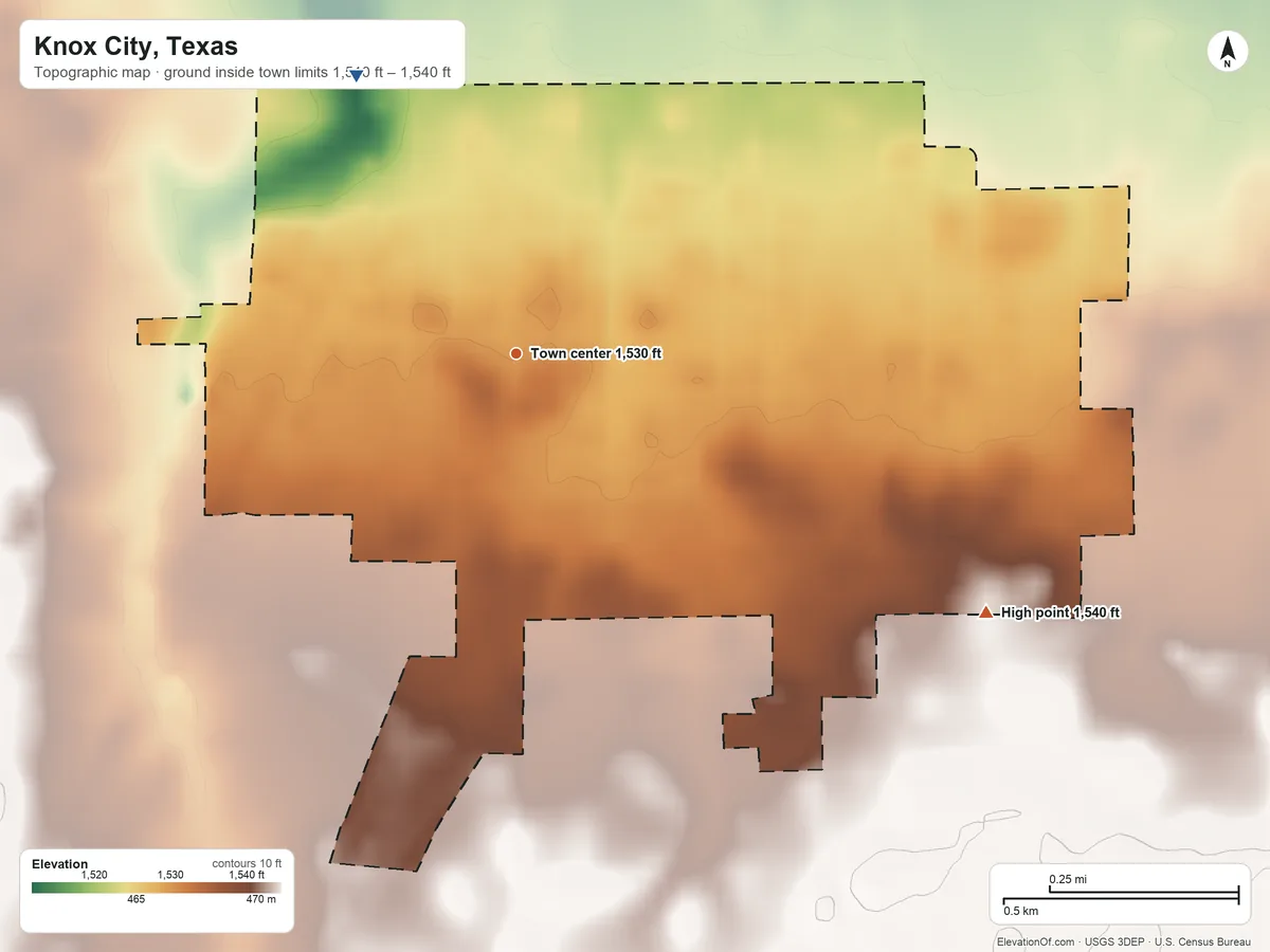 Topographic elevation map of Knox City, Texas, shaded from 1,510 ft on the northwest side to 1,540 ft on the southeast side