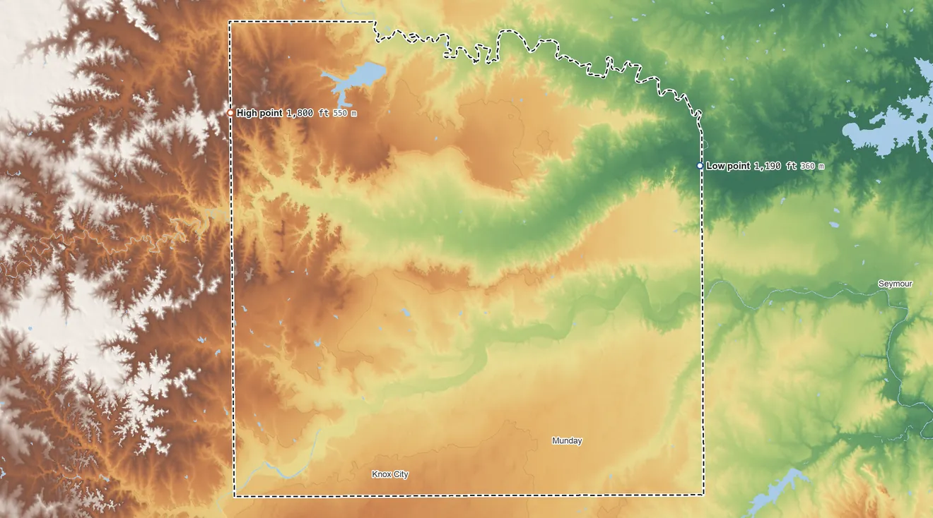 Topographic elevation map of Knox County, Texas, shaded from 1,190 ft on the east side to 1,800 ft on the northwest side
