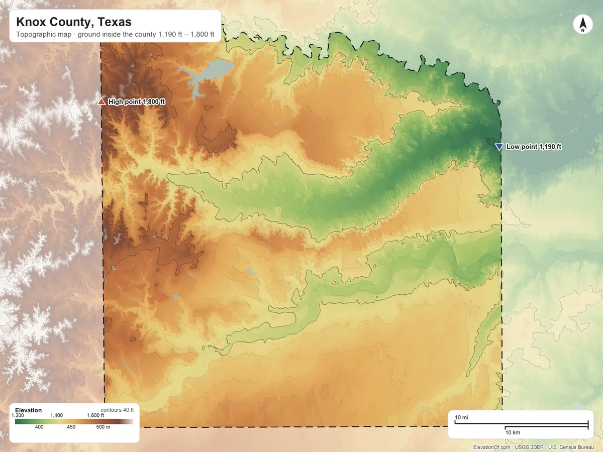 Topographic elevation map of Knox County, Texas, shaded from 1,190 ft on the east side to 1,800 ft on the northwest side