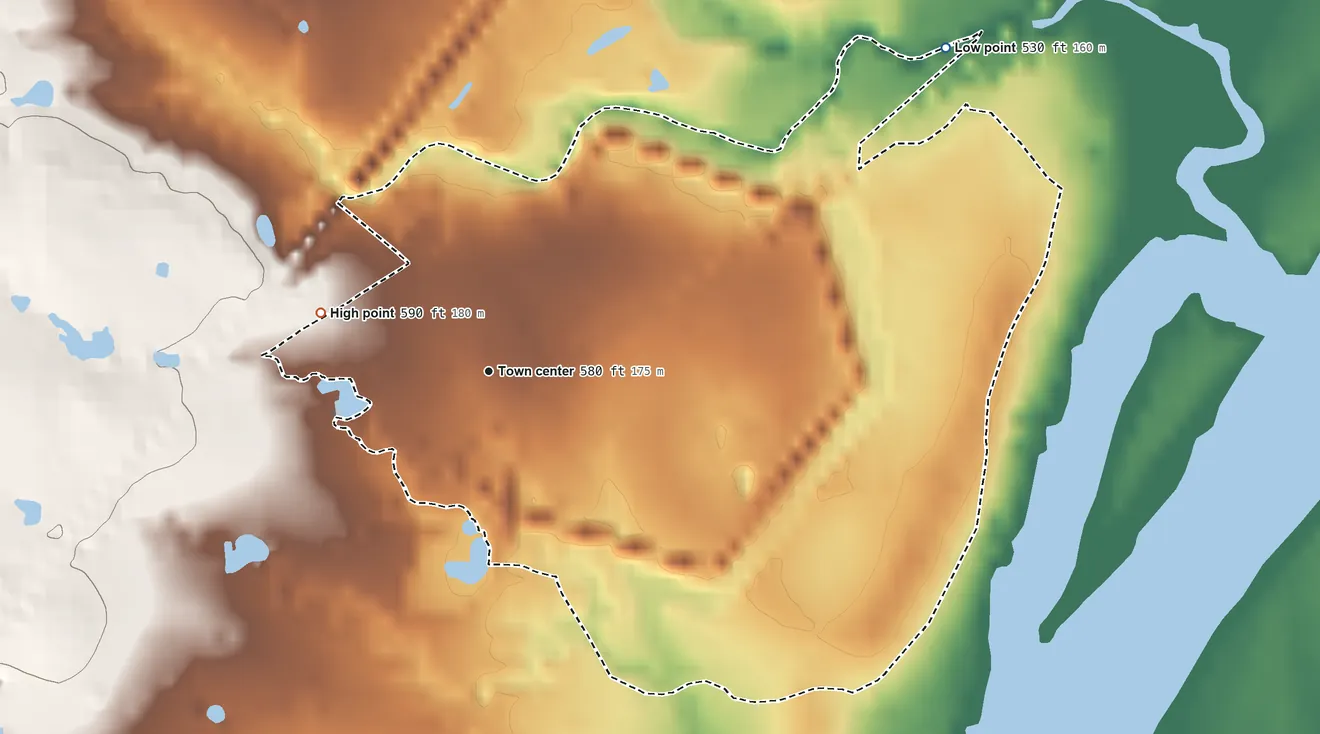 Topographic elevation map of Kopperl, Texas, shaded from 530 ft on the northeast side to 590 ft on the west side