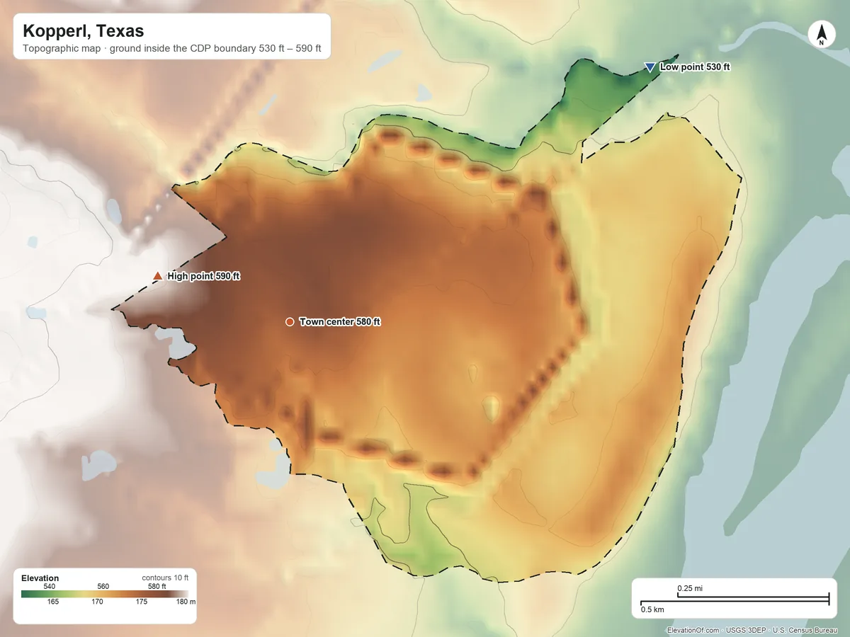 Topographic elevation map of Kopperl, Texas, shaded from 530 ft on the northeast side to 590 ft on the west side