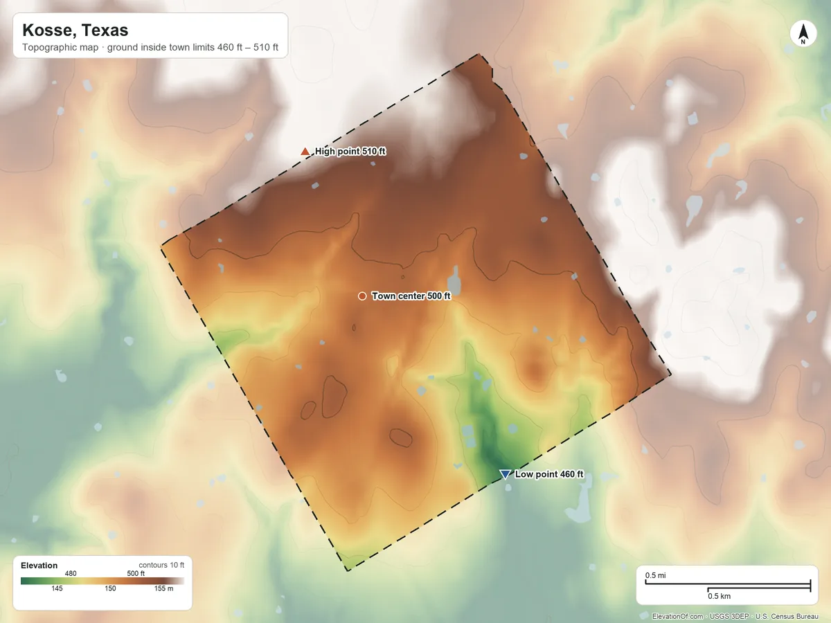 Topographic elevation map of Kosse, Texas, shaded from 460 ft on the southeast side to 510 ft on the north side