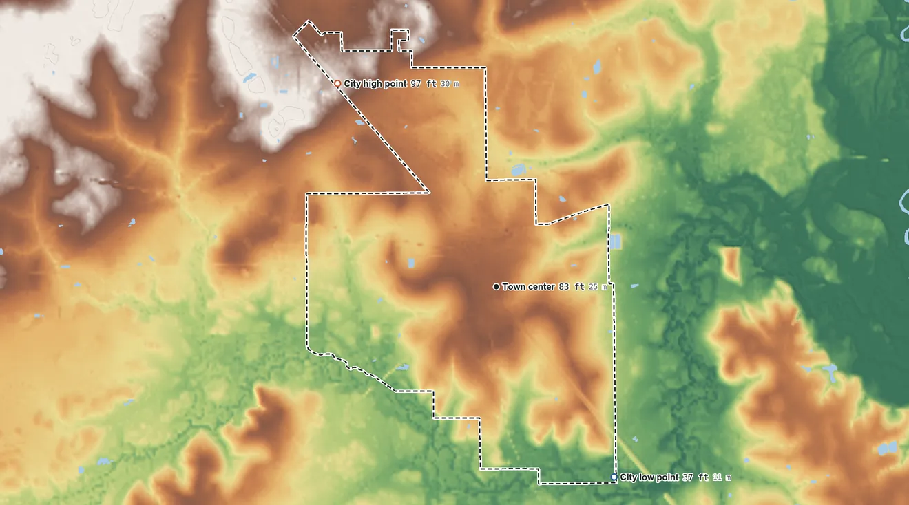 Topographic elevation map of Kountze, Texas, shaded from 37 ft on the southeast side to 97 ft on the northwest side