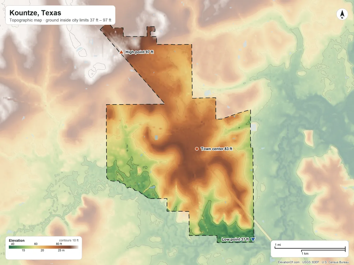 Topographic elevation map of Kountze, Texas, shaded from 37 ft on the southeast side to 97 ft on the northwest side