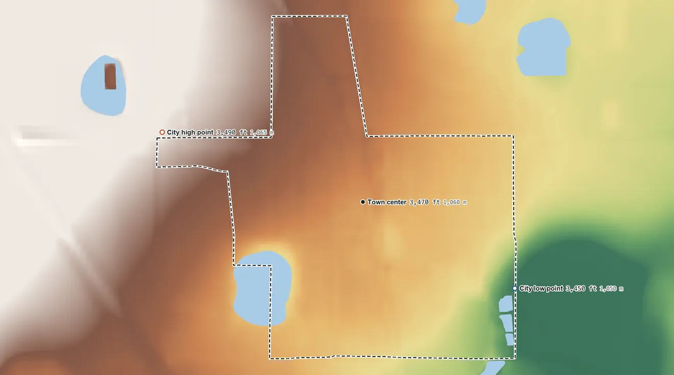 Topographic elevation map of Kress, Texas, shaded from 3,450 ft on the southeast side to 3,490 ft on the west side