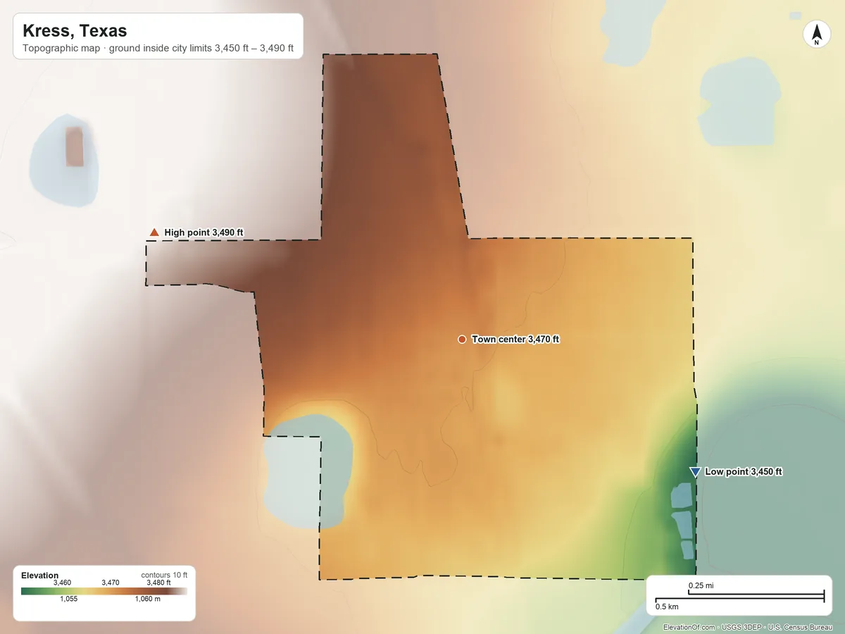 Topographic elevation map of Kress, Texas, shaded from 3,450 ft on the southeast side to 3,490 ft on the west side