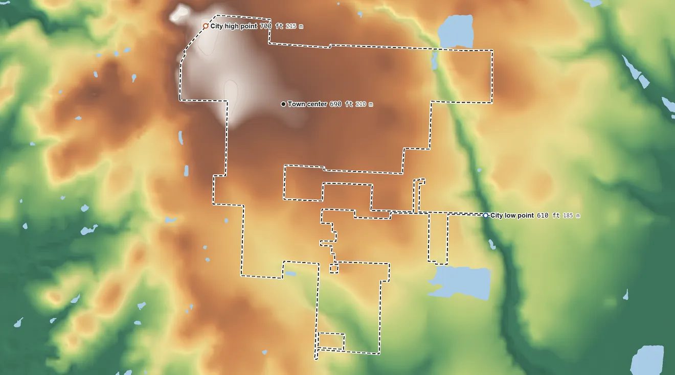 Topographic elevation map of Krugerville, Texas, shaded from 610 ft on the southeast side to 700 ft on the northwest side