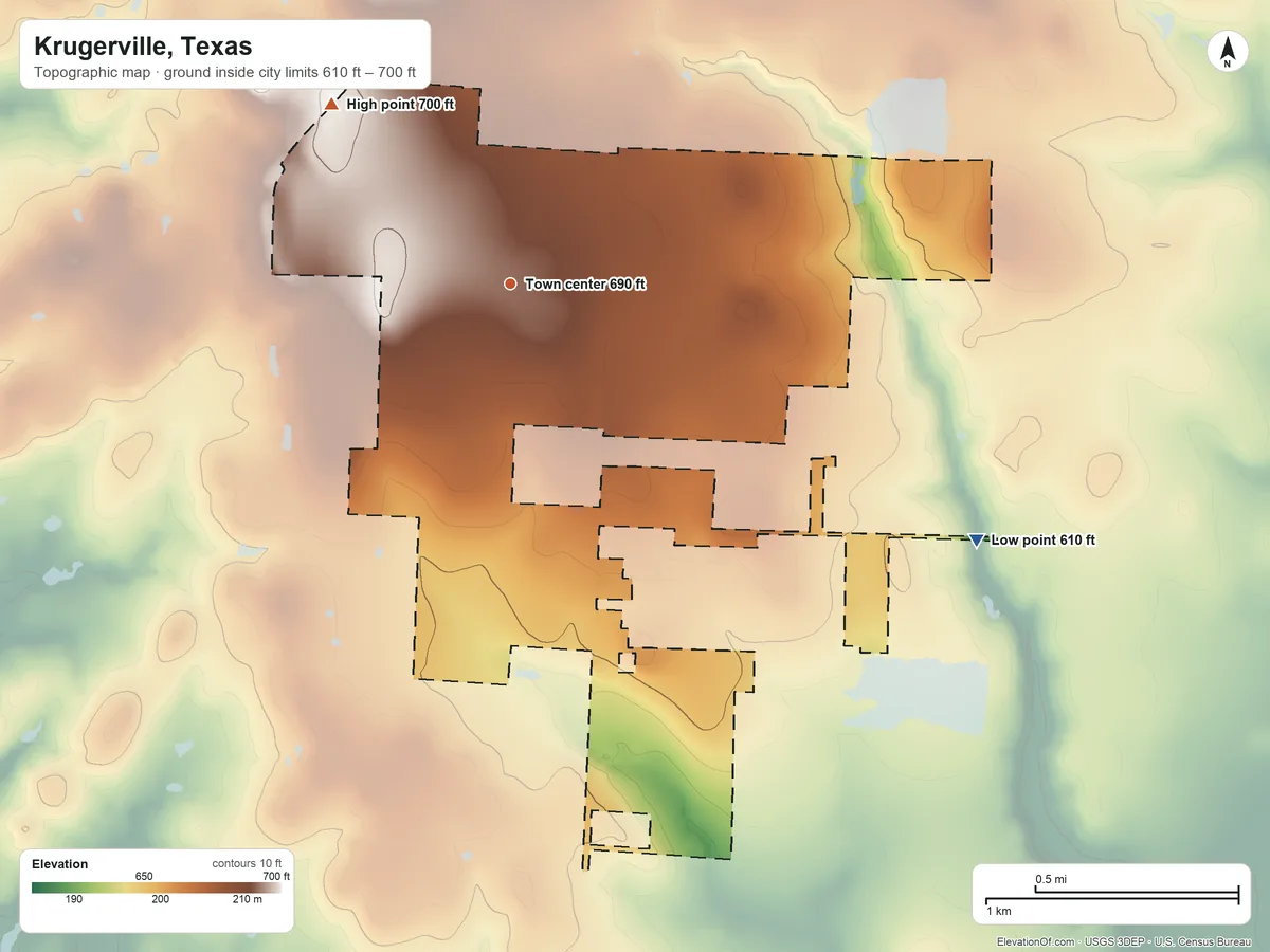 Topographic elevation map of Krugerville, Texas, shaded from 610 ft on the southeast side to 700 ft on the northwest side